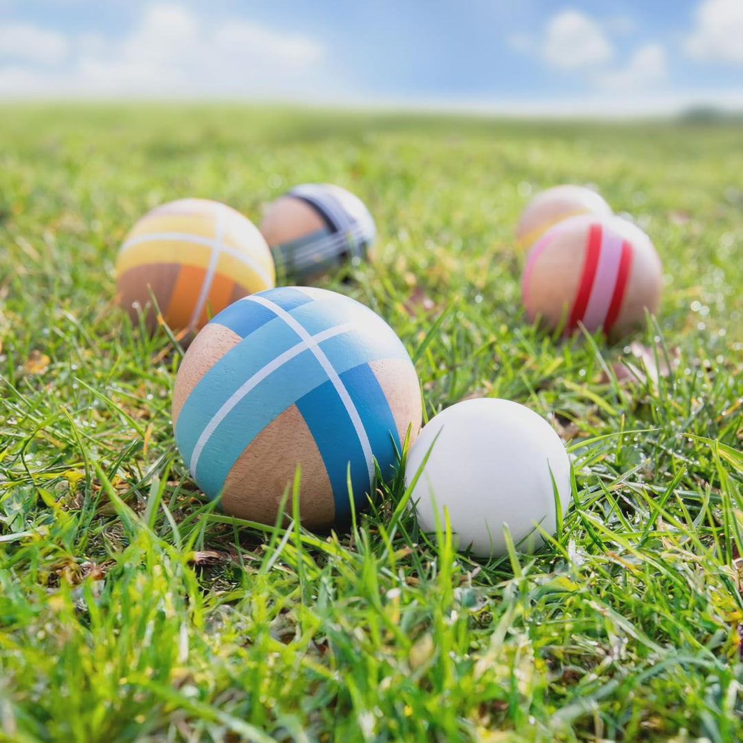 REMEMBER Boccia, Bocciakugeln: Ø 7.5 cm, Zielkugel: Ø 4.5 cm, Holz – Spiel Set für Garten, Strand &