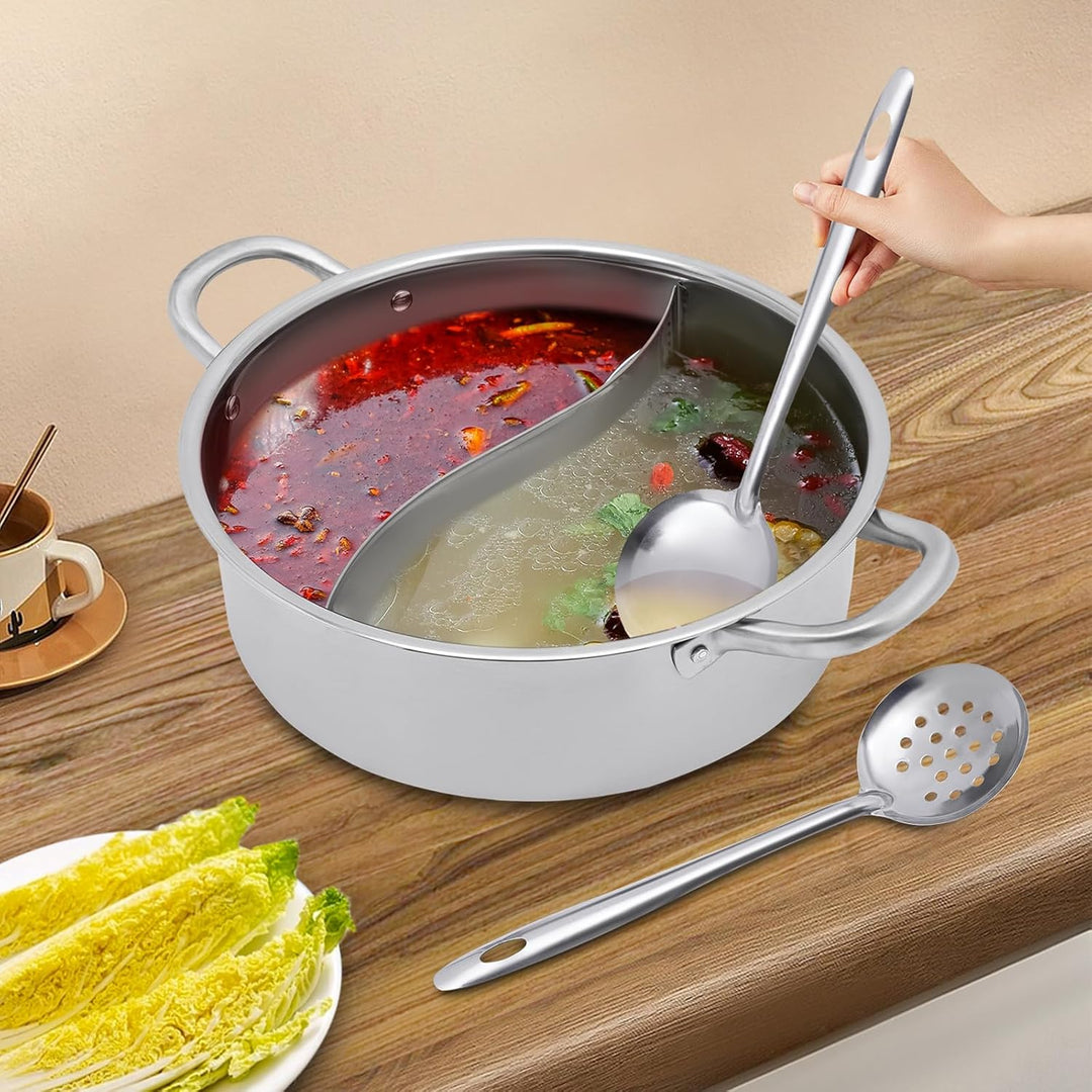 Hot Pot, 304 Edelstahl Shabu Shabu Hot Pot mit Trennwand & Deckel aus gehärtetem Glasfür Induktionsk