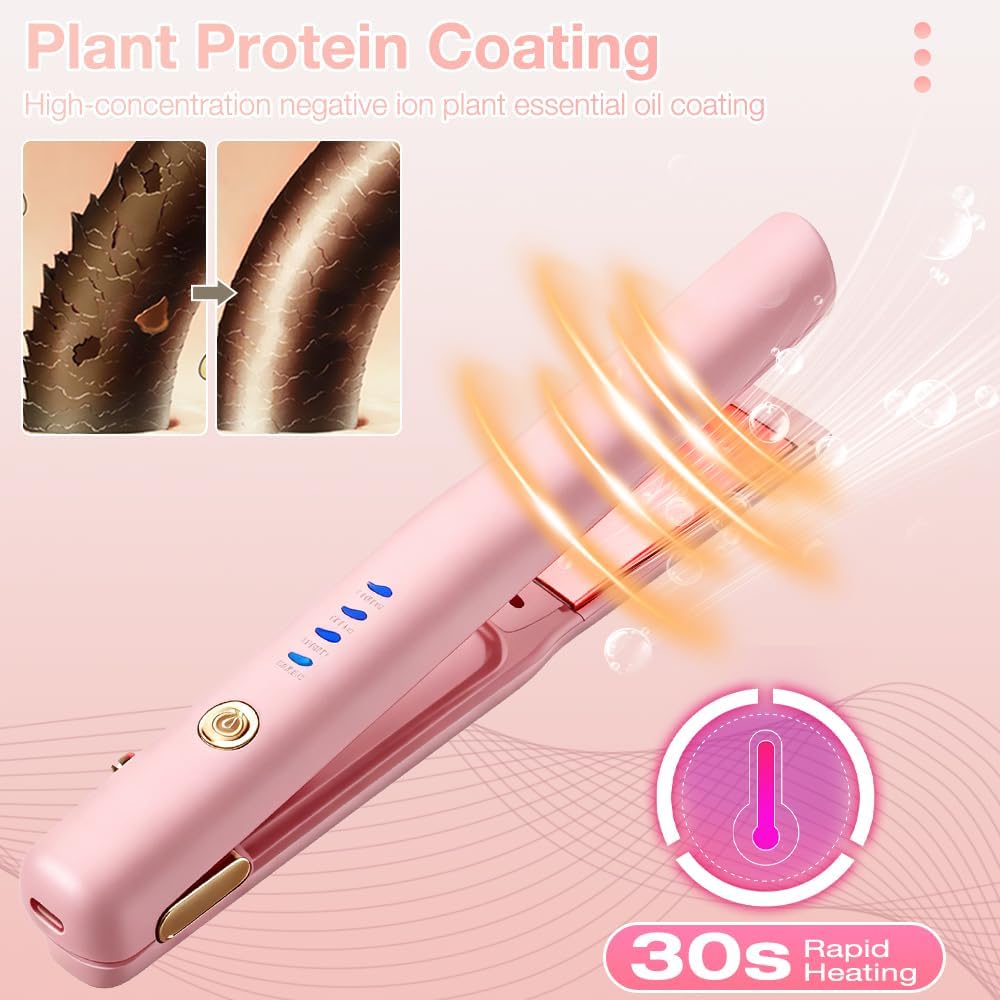 2 In 1 Mini Glätteisen Kabellos und Lockenstab, Hair Straightener, 4 Temperaturen, Wiederaufladbare
