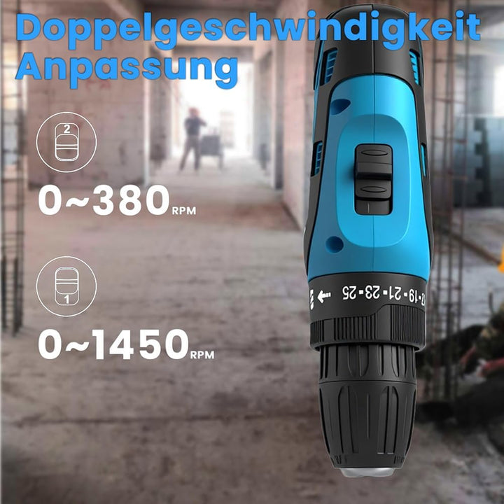 Akku Bohrschrauber 12V mit 2x 3.0 Ah Akku, 25+1 Drehmomenteinstellung, 2-Gang, 26tlg Zubehör, LED-Li