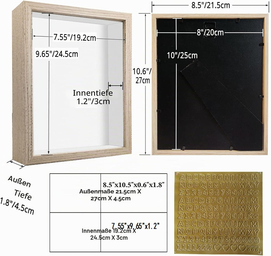 sunmeg 2Pcs 3D Bilderrahmen zum Befüllen 20 x 25cm Bilderrahmen Tief 3D Objektrahmen Hölzern bis 3cm