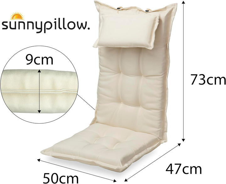 sunnypillow 2 Stück Gartenstuhlauflagen mit abnehmbarem Kopfpolster - 120 x 50 x 9cm - Stuhlauflagen