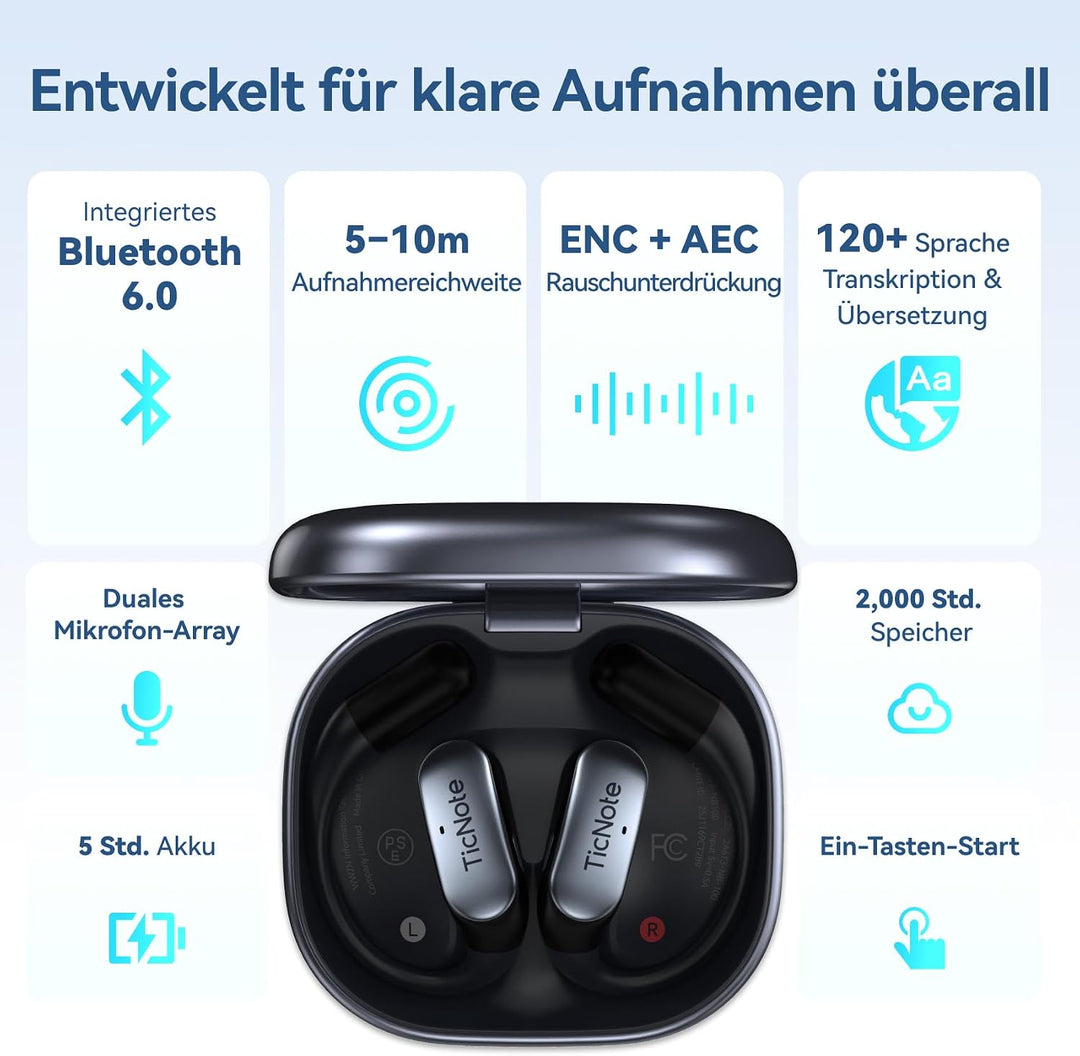 Mobvoi TicNote Pods Wearable KI-Sprachrekorder mit Auto-Transkription &amp; Meeting-Notizen, Wi-Fi – Spr