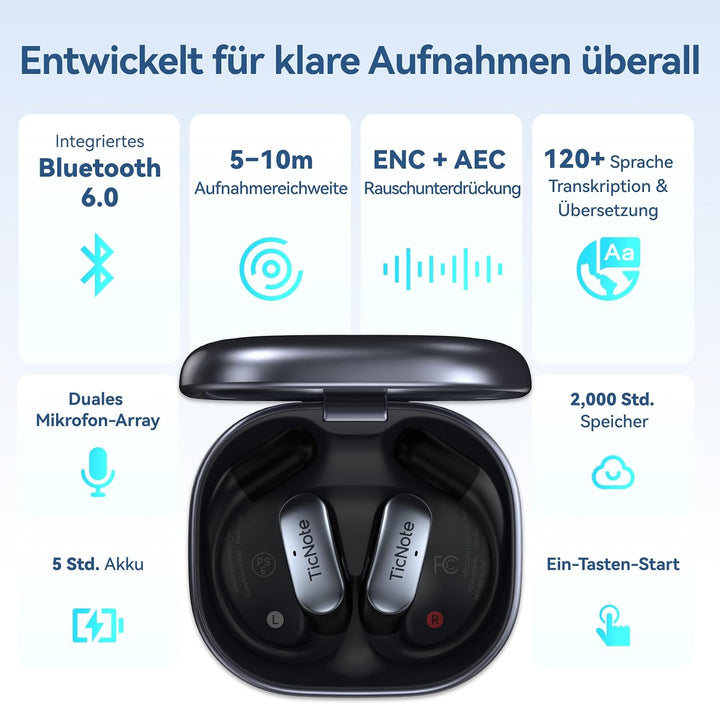 Mobvoi TicNote Pods Wearable KI-Sprachrekorder mit Auto-Transkription &amp; Meeting-Notizen, Wi-Fi – Spr