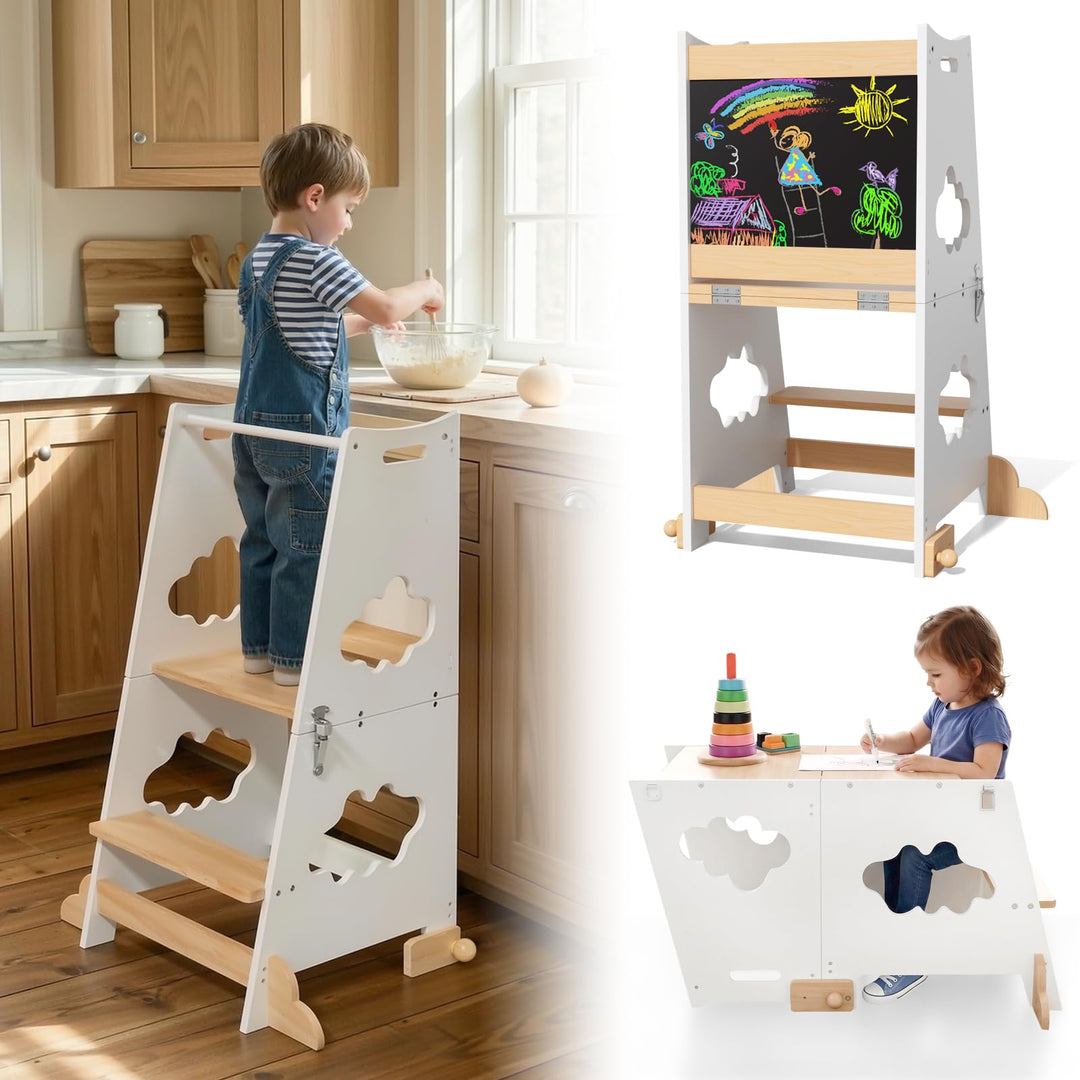 KIDINIX Lernturm ab 1 Jahr, 3 in 1 Montessori Learning Tower mit Sicherheitsgeländer und Tafel, Klap