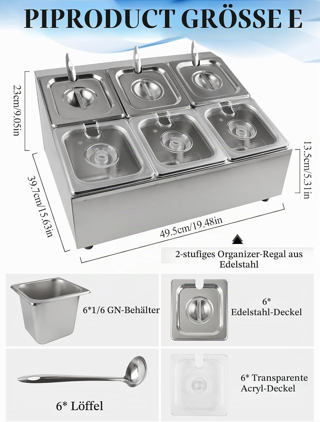 TOROKOM 6 Pfannen Edelstahl Zutatenbehälter Gewürz Organizer aus Edelstahl Salatbar Buffet Station m