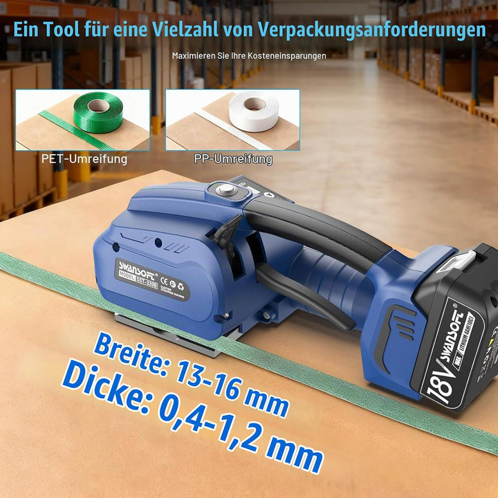 SWANSOFT Umreifungsgerät Akku für 13-16 mm PP-/PET-Band mit Digitaldisplay, 2 x 4000 mAh Akku, 3200N