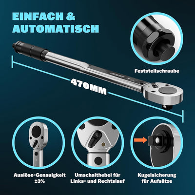 Monzana® Drehmomentschlüssel 6tlg. Set 40-210Nm TÜV Süd GS 1/2' Zoll CrV inkl. 3 Stecknüsse Verlänge