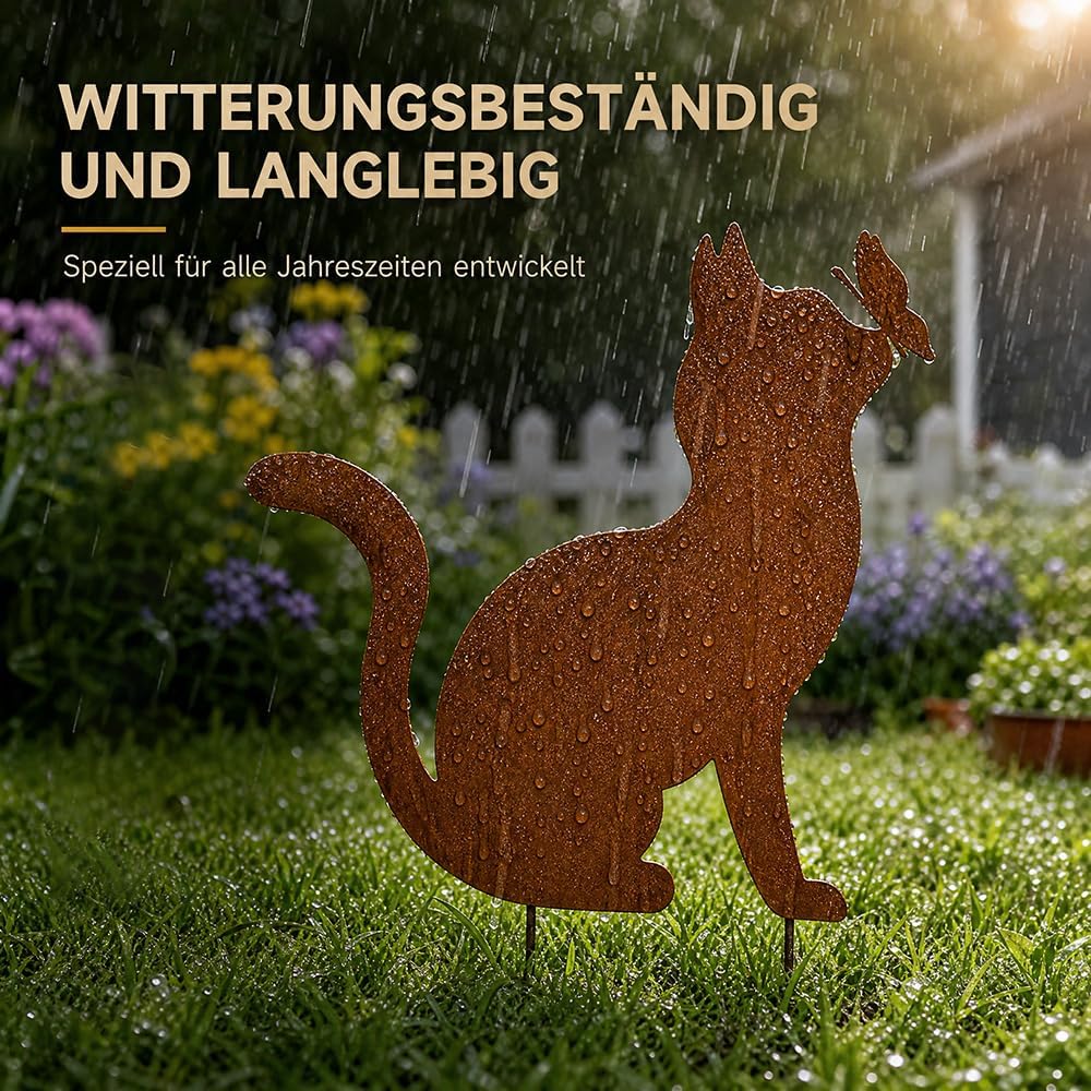 Gartenstecker Rost Katze mit Schmetterling, Gartenstecker Metall, Gartendeko Rost für Draussen, Edel