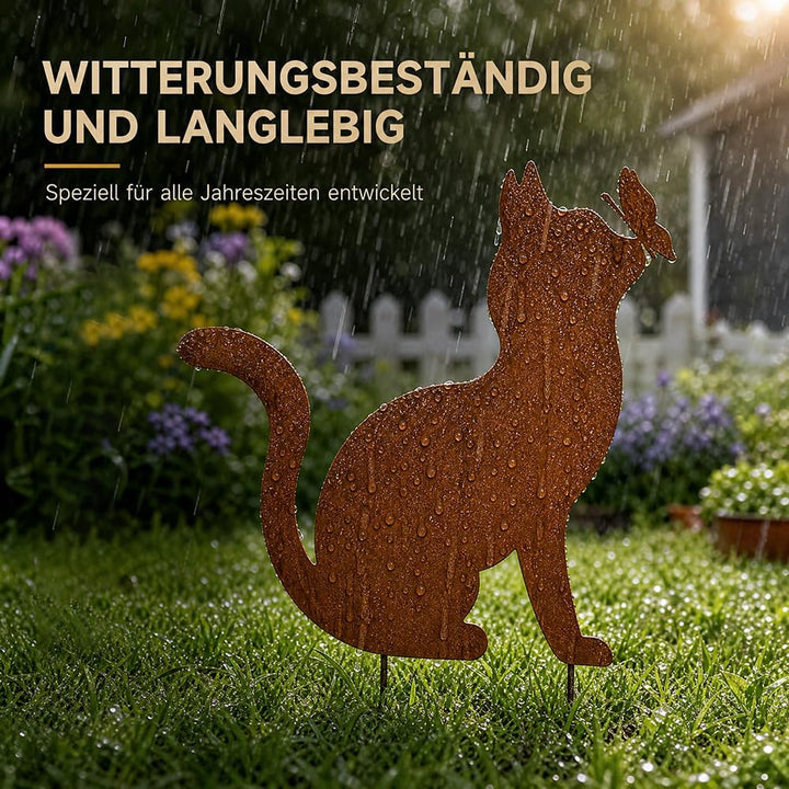 Gartenstecker Rost Katze mit Schmetterling, Gartenstecker Metall, Gartendeko Rost für Draussen, Edel