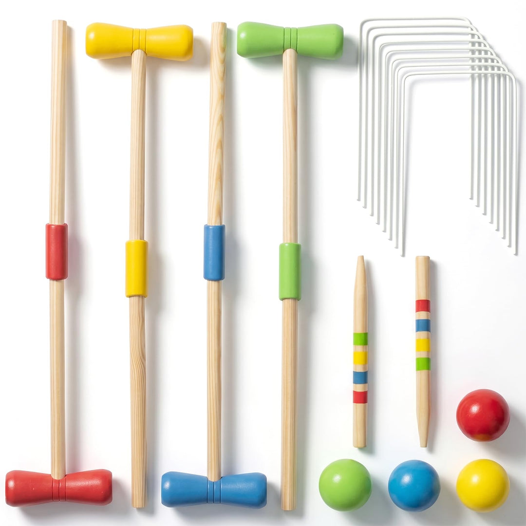 WOODENFUN Holz Krocket Set Spiel Crocket für 4 Spieler Kinder Erwachsene Aussenbereich Krocketspiel