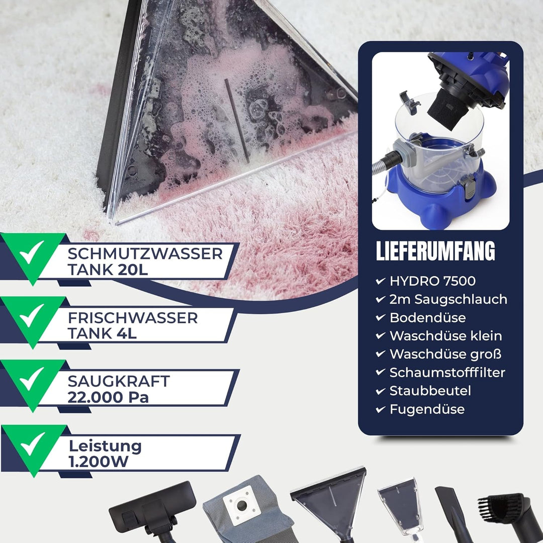 Albatros Waschsauger Polster HYDRO 7500 + 2l Reinigungs-Shampoo - 4in1 Polsterreiniger Gerät Beutell