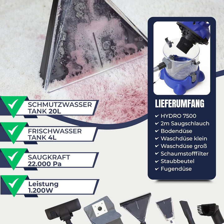 ALBATROS Hydro 7500 Waschsauger + 2L Reiniger – XXL Polsterreiniger Teppichreiniger Nasssauger – 120