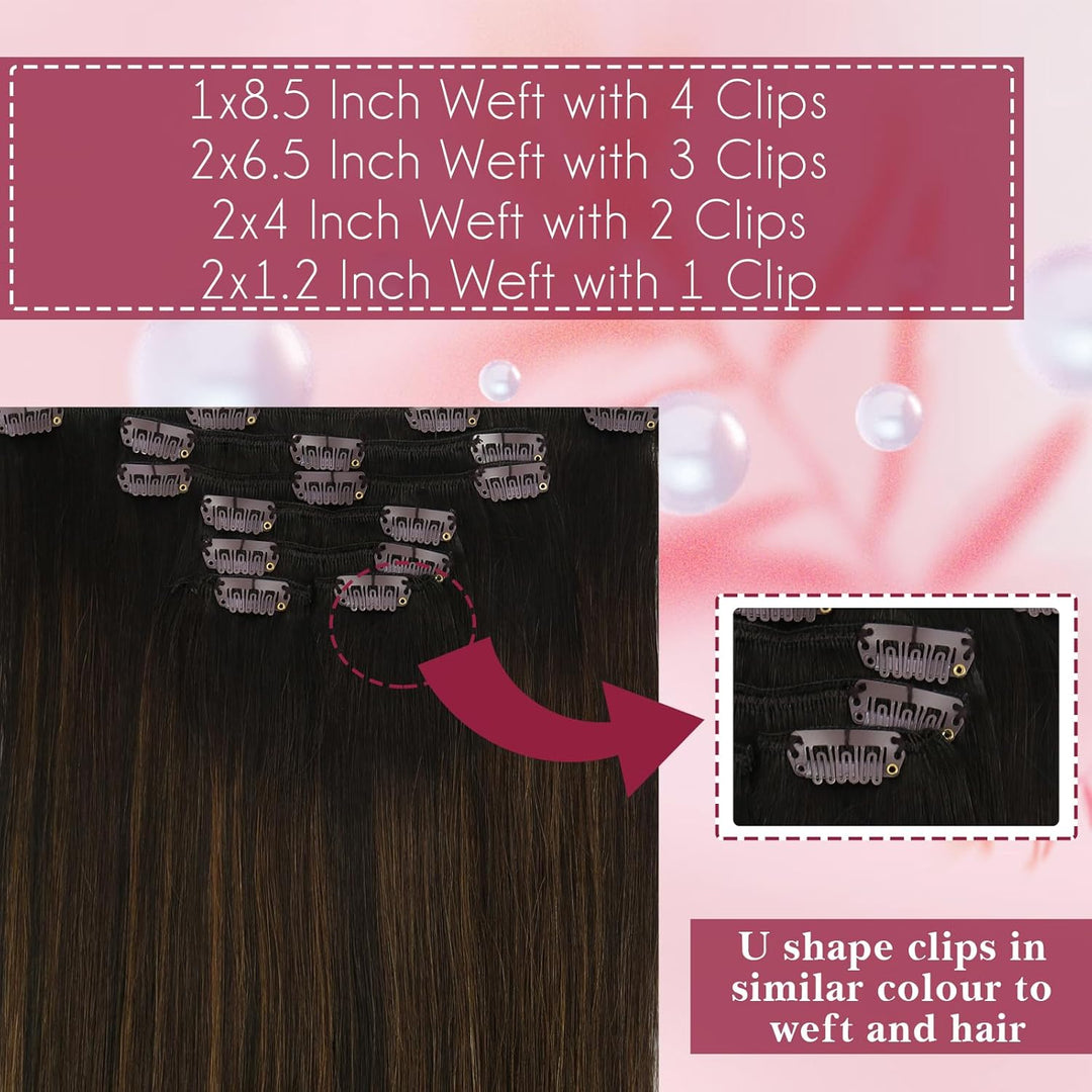 Vivien Clip Extensions Echthaar Dunkelbraun Balayage Hellbraun 45cm Natürlich Echthaar Clip in Exten