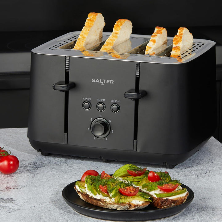 Salter EK5565MBLK Kuro 4-Scheiben Toaster, 7 Bräunungsstufen, Selbstzentrierende Brotführung, Auftau