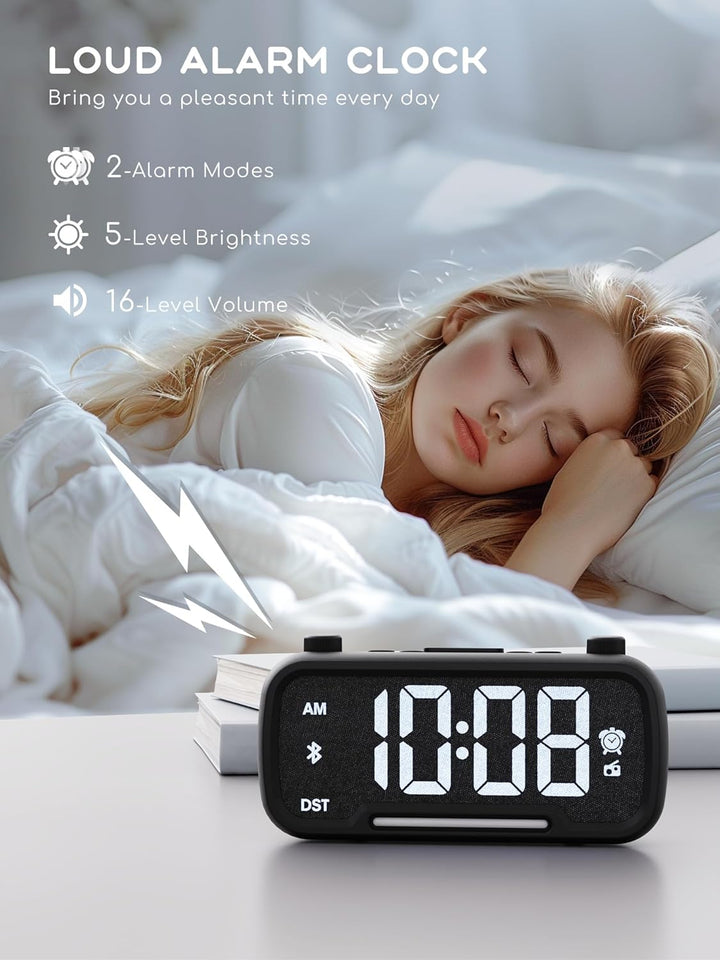 Radiowecker mit Bluetooth-Lautsprecher, Digitaler Wecker mit Typ-C Ladeanschluss, Nachtlicht, Snooze