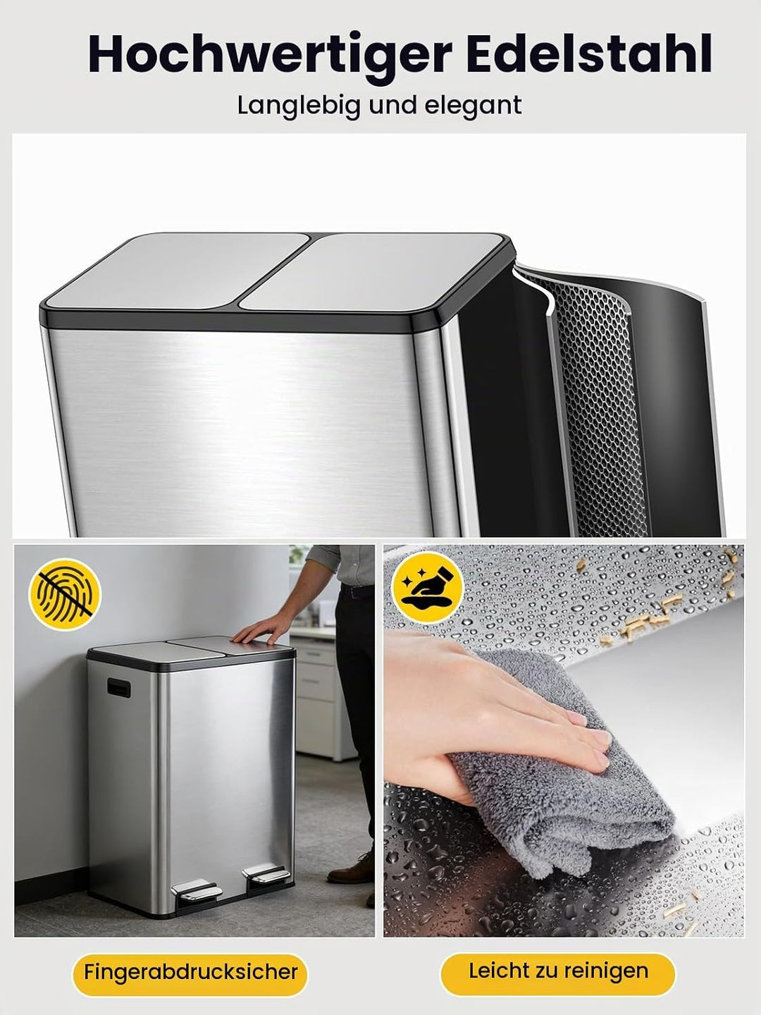 YEAUPE PRO Mülleimer Küche 2x30L Edelstahl, 60L Doppel Treteimer Mülltrennung, Abfalleimer mit Soft