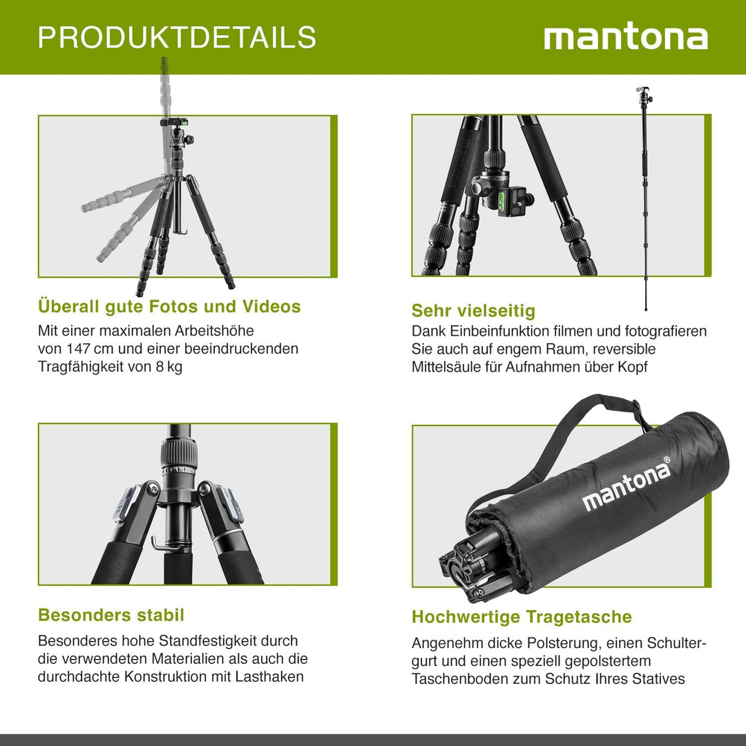 Mantona DSLM Travel Evolution 224 - leichtes Allround Reisestativ mit Vollausstattung, 360° Panorama