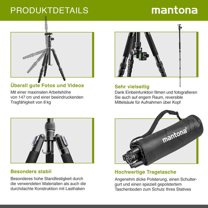 Mantona DSLM Travel Evolution 224 - leichtes Allround Reisestativ mit Vollausstattung, 360° Panorama