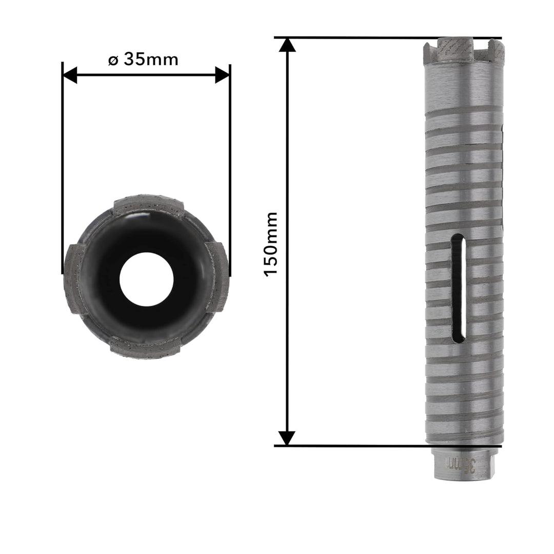 PRODIAMANT Diamant Bohrkrone ø 35mm Nutzlänge 150mm mit 6-Kant Adapter lasergeschweisst für trocken