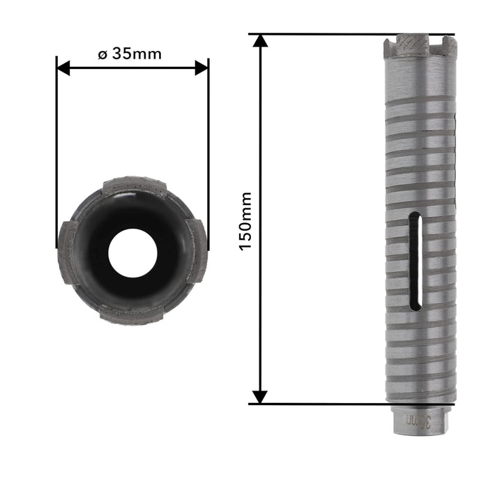 PRODIAMANT Diamant Bohrkrone ø 35mm Nutzlänge 150mm mit 6-Kant Adapter lasergeschweisst für trocken