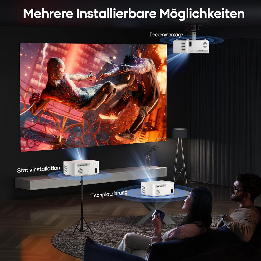 Mini Beamer Outdoor, Elektrischer Fokus 1080P FHD 300 ANSI Klein Tragbarer Beamer, 5G WiFi Bluetooth