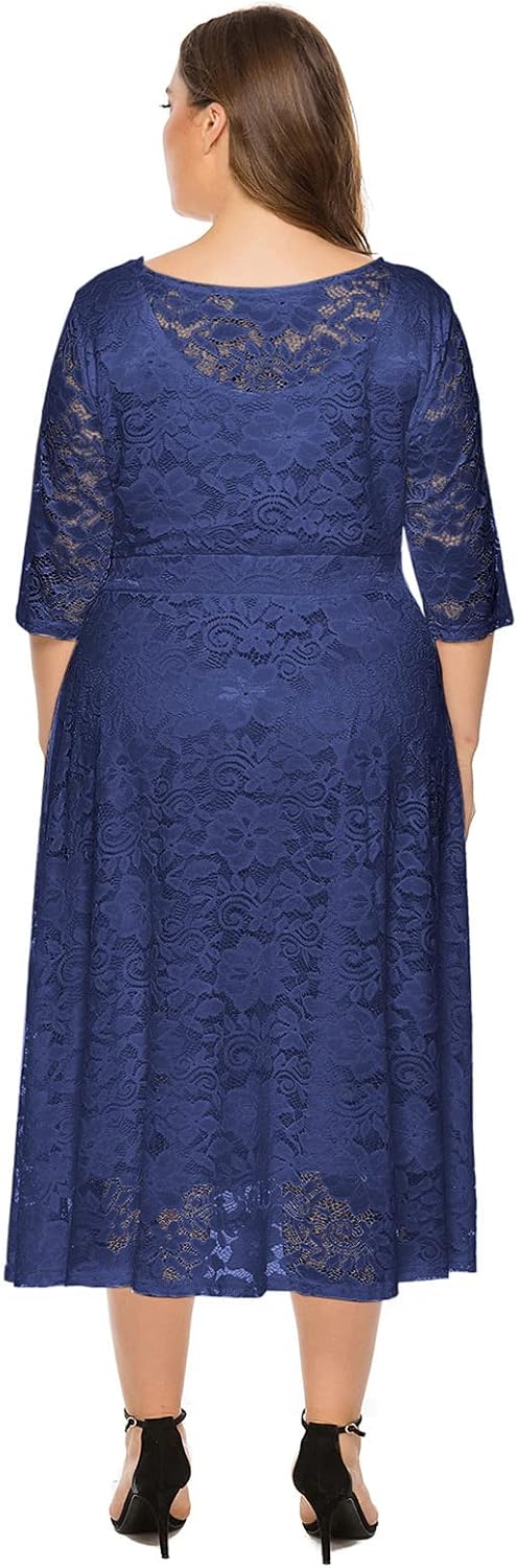 Odizli Damen Elegant 3/4 Ärmel Spitzenkleid Hochzeit Festlich Coctailkleid Abendkleid Grosse Grössen
