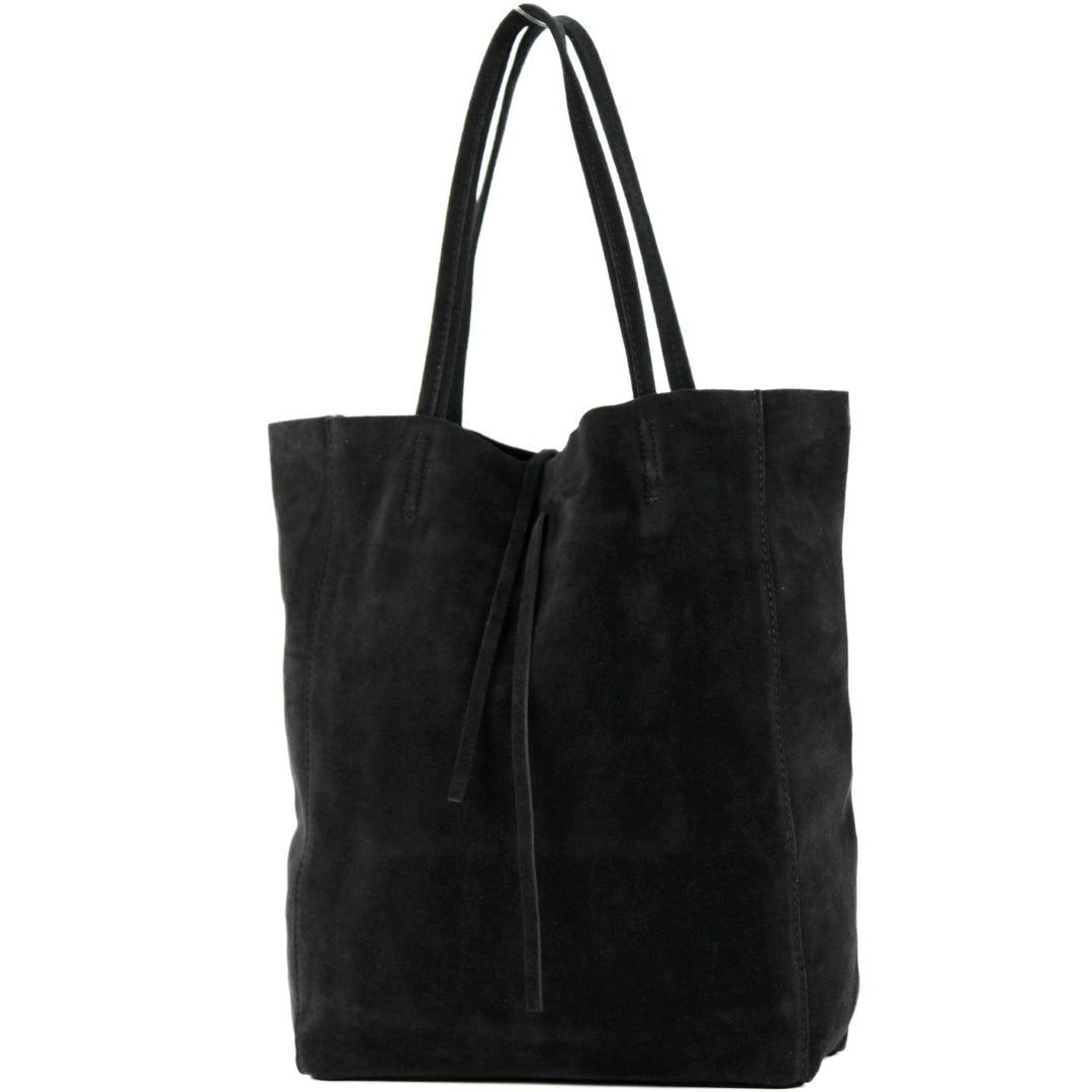 modamoda de T163 Damen Leder Shopper Schultertasche, handmade in Italy Schwarz Wildleder, Schwarz Wi