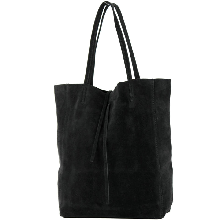 modamoda de T163 Damen Leder Shopper Schultertasche, handmade in Italy Schwarz Wildleder, Schwarz Wi