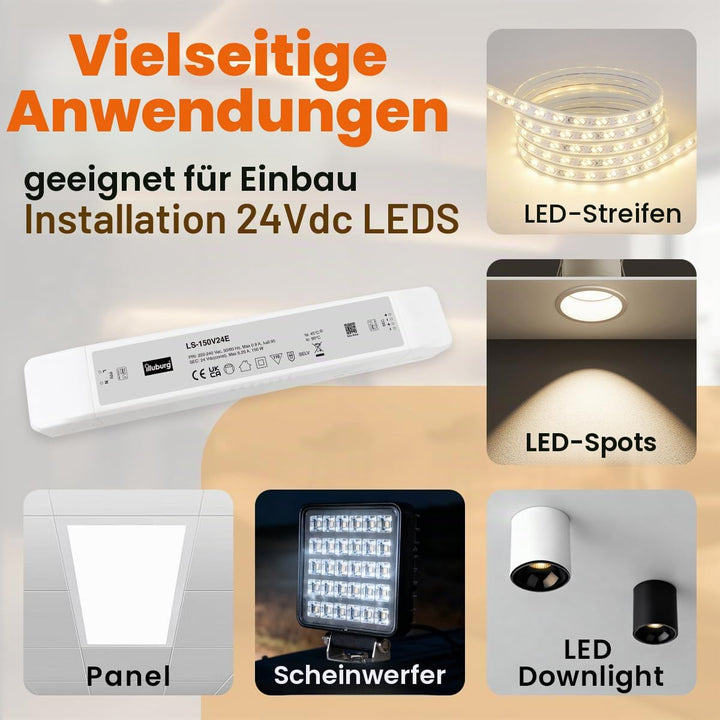illuburg LED Trafo 24V 150W Flackerfrei für LED Strip Lampe LED Netzteil Treiber Transformator Drive