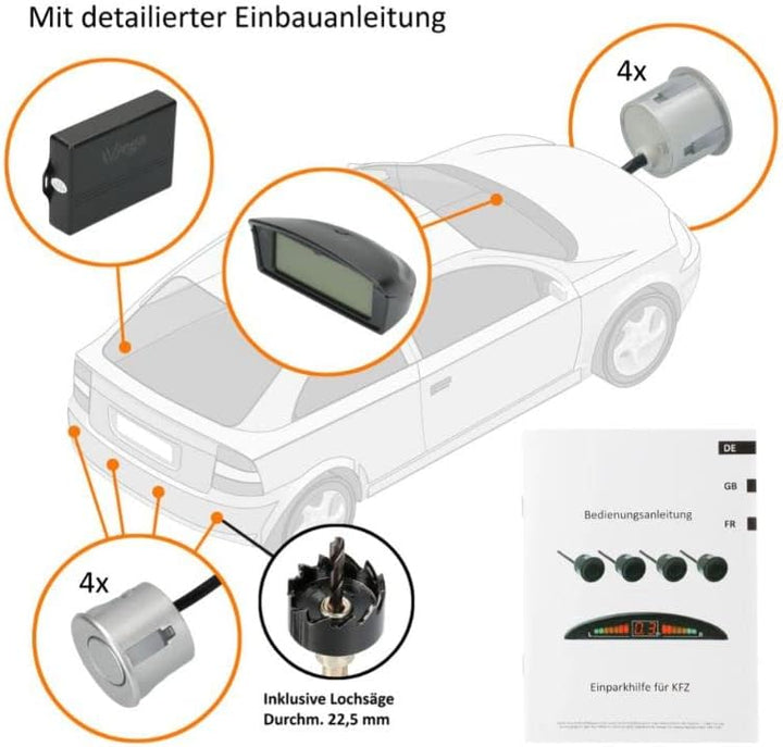 VSG24 Premium Kombi Einparkhilfe mit Display zum nachrüsten am Auto, PDC Parksensoren Vorne Hinten m