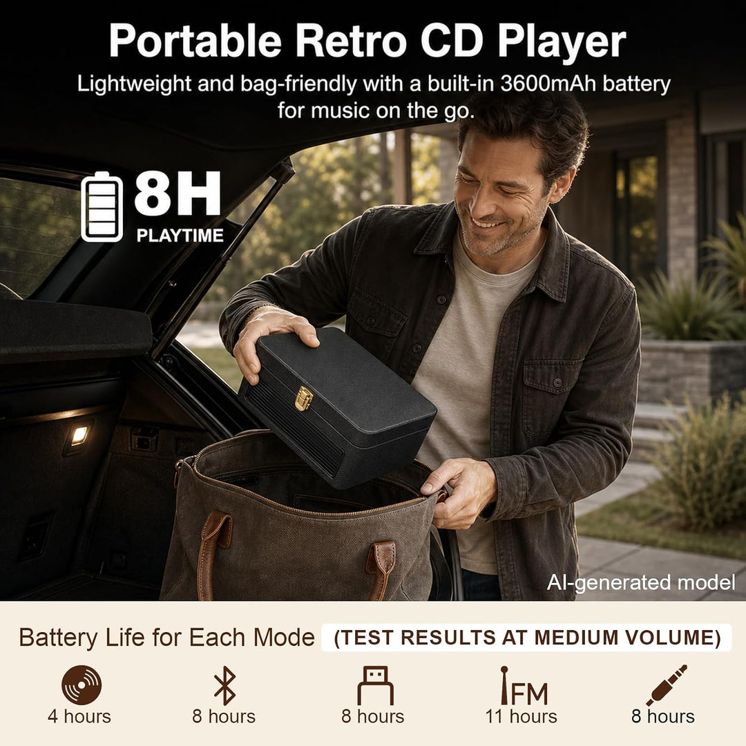 Gueray Tragbarer Bluetooth CD-Player mit Lautsprechern 3600mAh Wiederaufladbarer Vintage CD Spieler