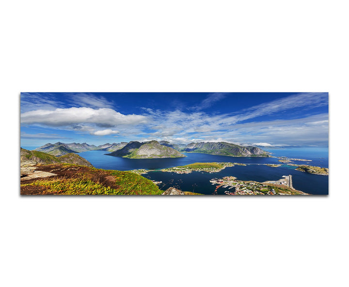 Paul Sinus Art Panoramabild auf Leinwand und Keilrahmen 150x50cm Norwegen Lofoten Berge Wasser Wolke