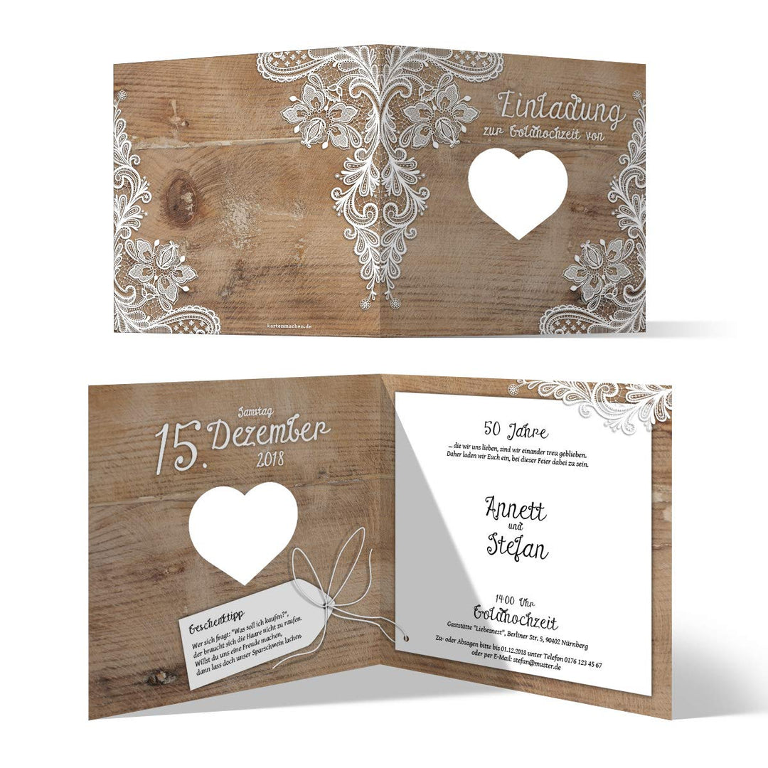 Kartenmachen.de 10 x Lasergeschnittene Hochzeitseinladungen goldene Hochzeit Goldhochzeit Einladunge