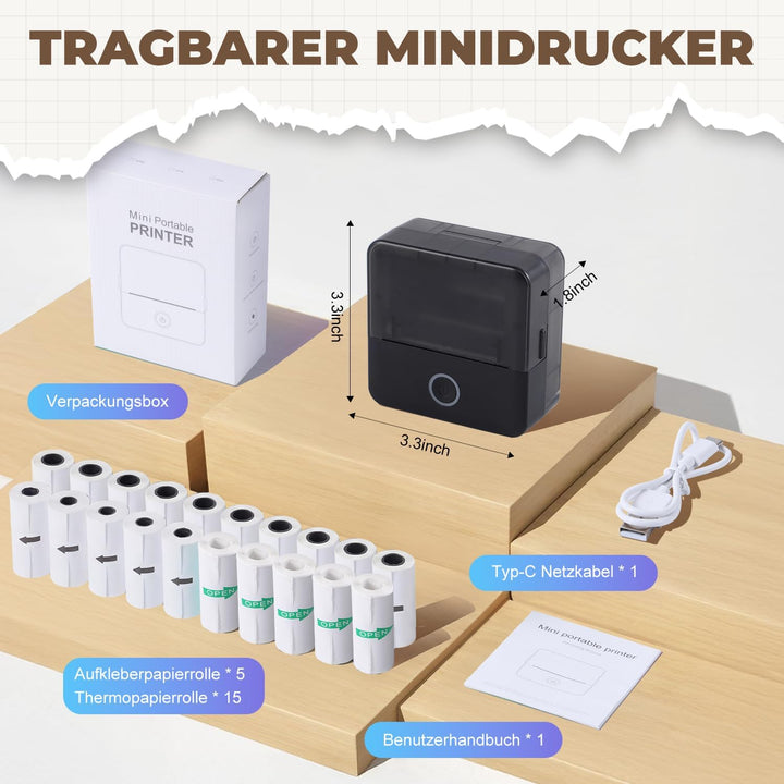 PRAOAHEI Mini Drucker, Tragbarer Fotodrucker mit 20 Rollen Druckerpapier, Bluetooth-Etikettendrucker