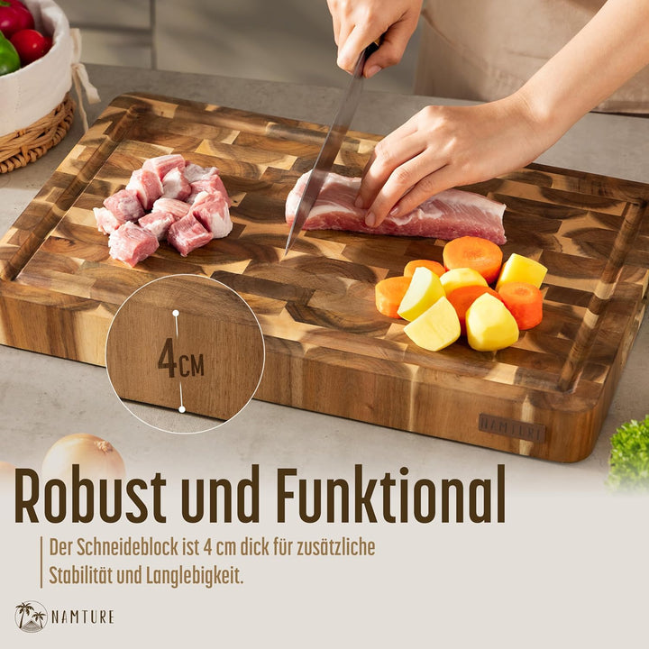 Hackblock Classic – Extra Dick 4 cm – Akazienholz Stirnholz Schneidebrett 45 x 30 cm – Premium Ölbeh