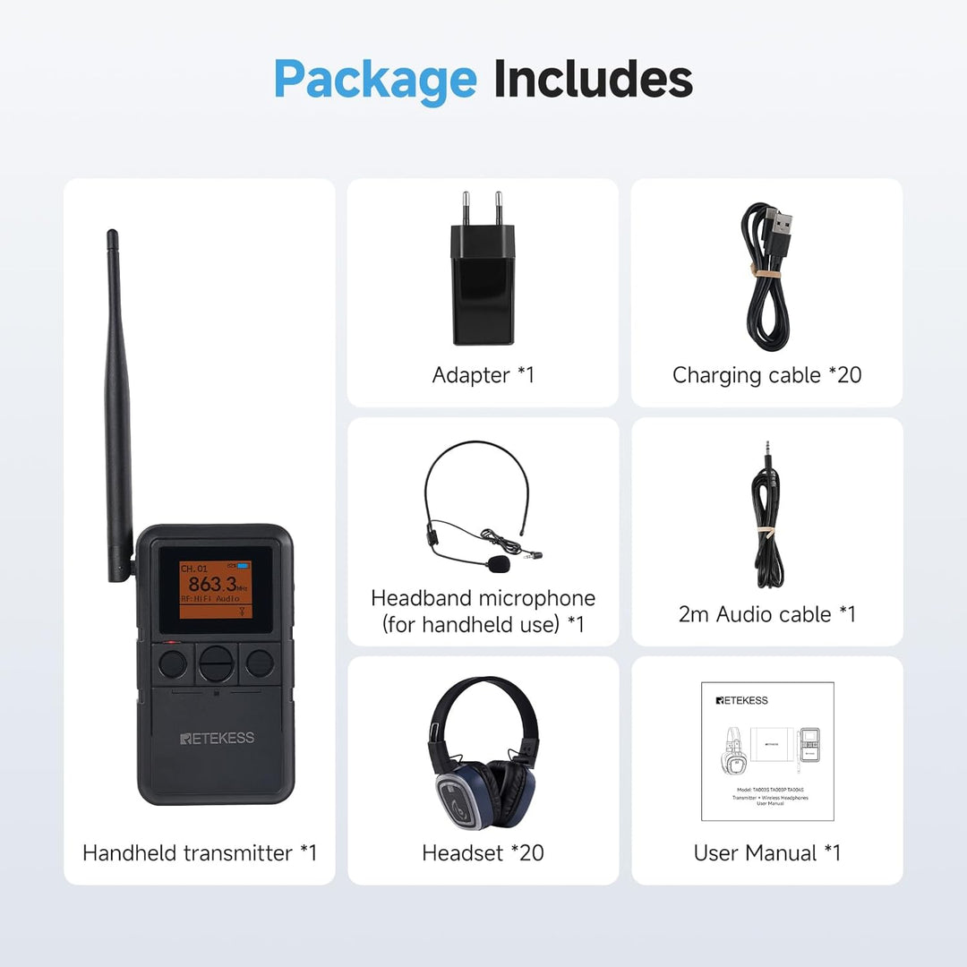 Retekess TA003P Silent Disco Set, Kopfhörer Silent Disco, Freihändige Nutzung, HiFi-Klangqualität, 1