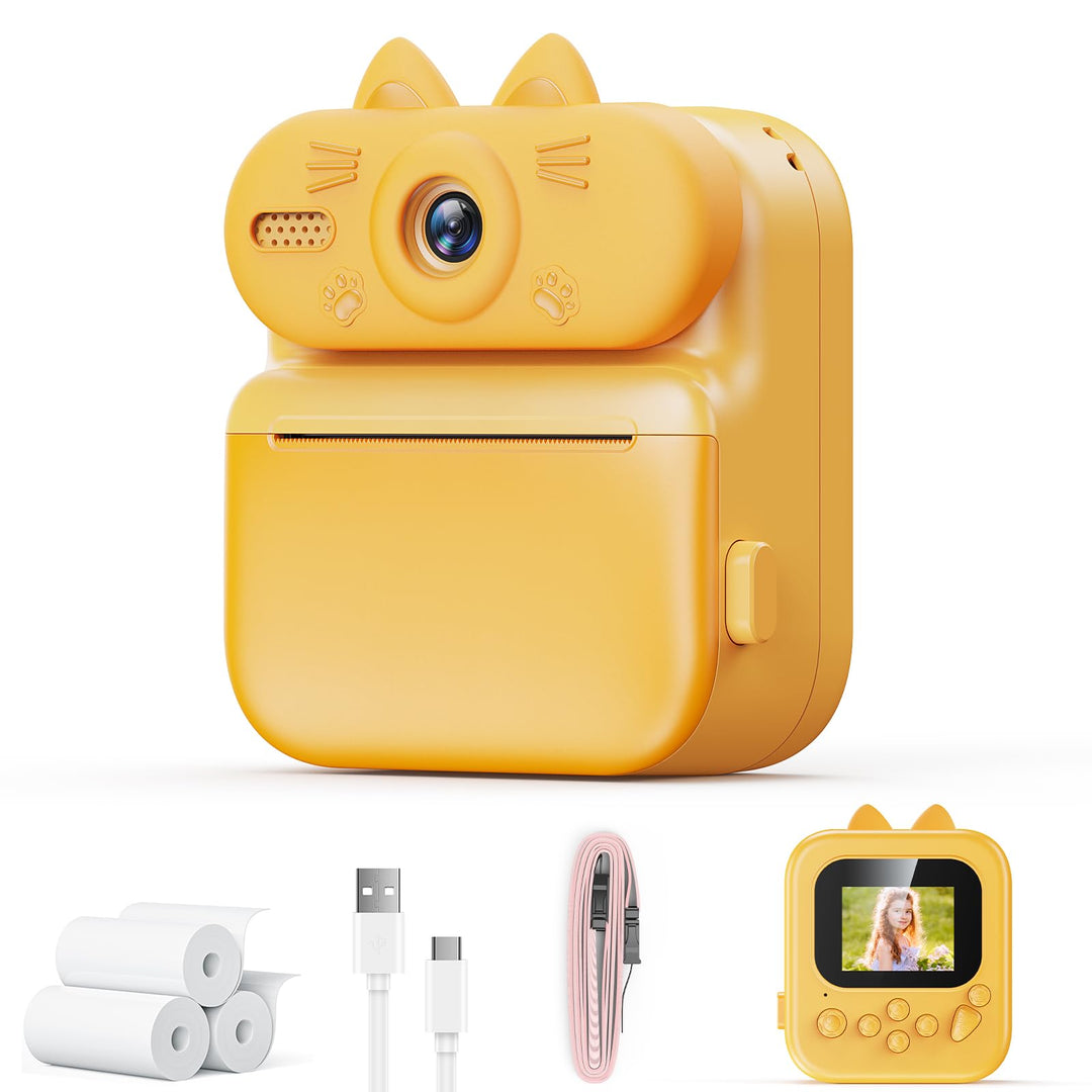 Kinder Sofortbildkamera mit Sofortdruck, 48MP Kamera (Katze-Orange) | Kinderkamera mit Druckpapier,