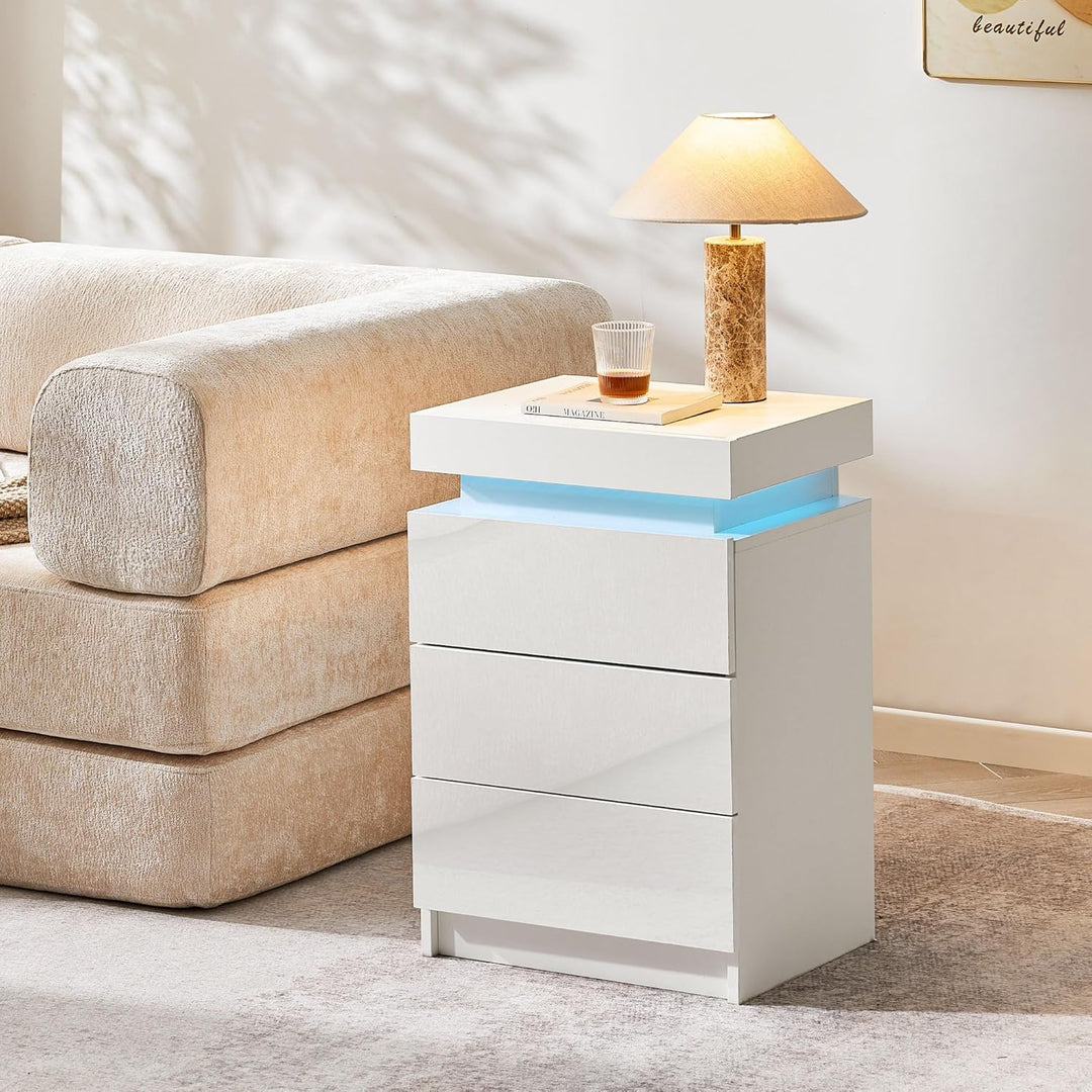 CLIPOP Moderner Nachttisch Hochglanzfront Kommode mit 3 Schubladen mit LED-Lichtern, 3 Schubladen Sc