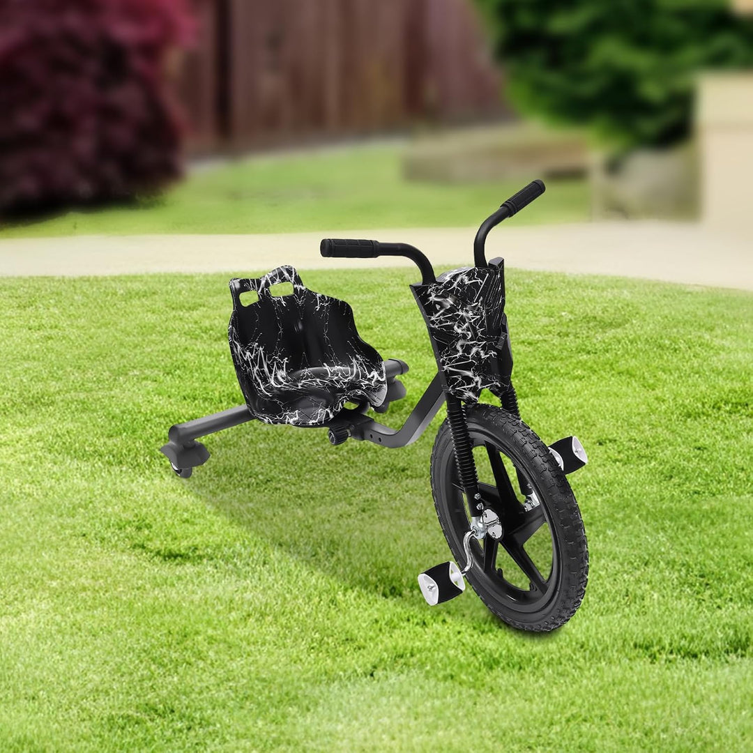 Drift Trike, 360° Drift Cart Tretauto mit Pedale Verstellbarer Schalensitz Schwarzer Blitz ab 6 Jahr