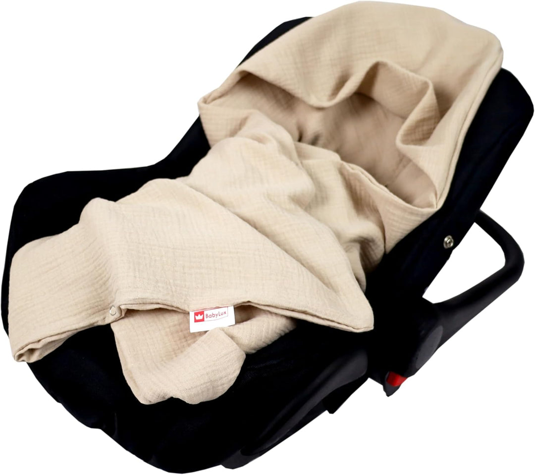Babylux Musselin Einschlagdecke mit Kapuze – 90x90 cm – Sommer Babydecke für Autositz & Babyschale –
