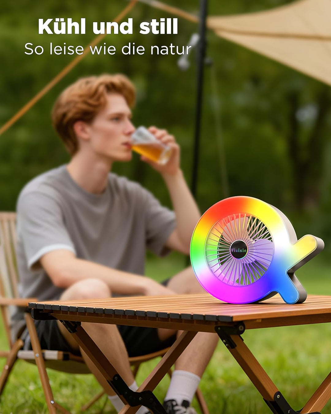 Tischventilator 2-in-1 Mit Rgb-licht Und Wiederaufladbarem 2000mAh Akku, USB-C, 3 Windgeschwindigkei