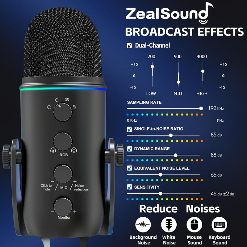 ZealSound USB Mikrofon, k66Plus Gaming Mikrofon mit 4 Tonabnehmer Muster für PC Mac PS4 PS5 Computer