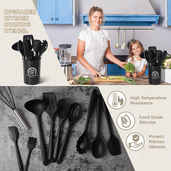 13 Stücke Küchen Kochutensilien Set, Silikon Küchenhelfer Set mit Utensilienhalter, Hitzebeständiger