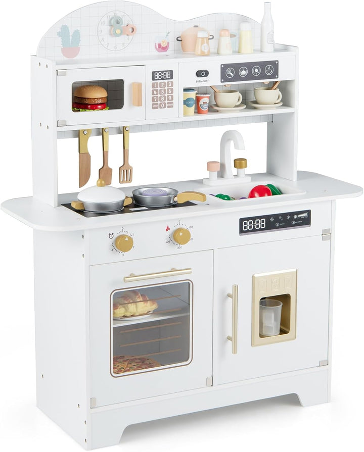 COSTWAY Kinderküche, Spielküche Holz mit 17 Zubehörteilen, Spielzeugküche mit Backofen, Eismaschine,