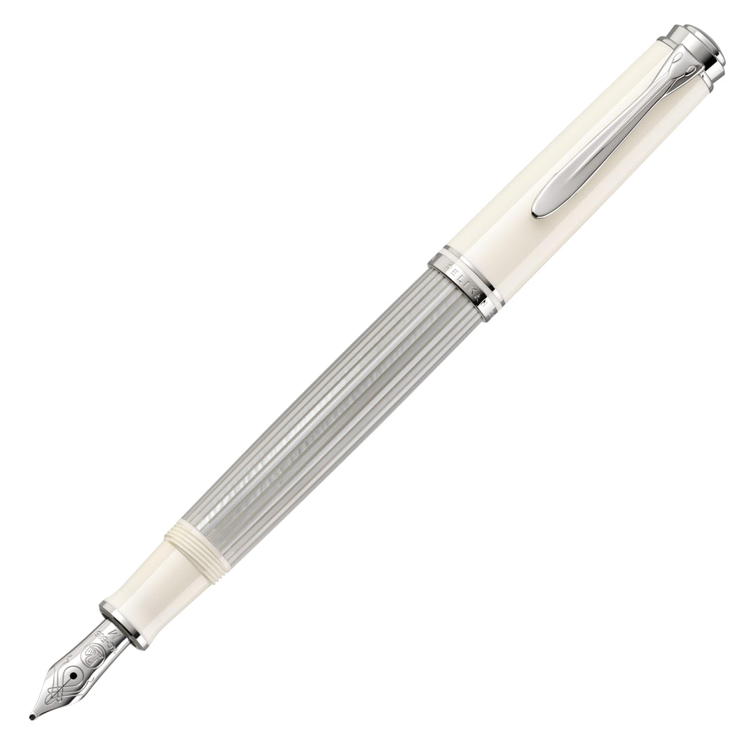 Pelikan Füllhalter Souverän 405, Silber-Weiss, Feder B (breit), hochwertiger Kolbenfüller im Geschen