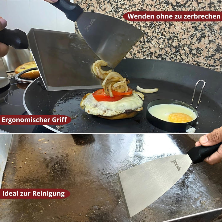 Smash Burgerpresse Edelstahl Set: Burger Smasher mit Grillspachtel 13 cm, Schaber 10 cm, 2 Burgerglo