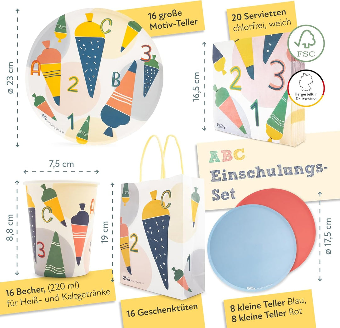PARTY PARTY 80 Teile Einschulung Deko Set Geschirr + GESCHENKTÜTEN Schulanfang 16 Gäste (Pappbecher,