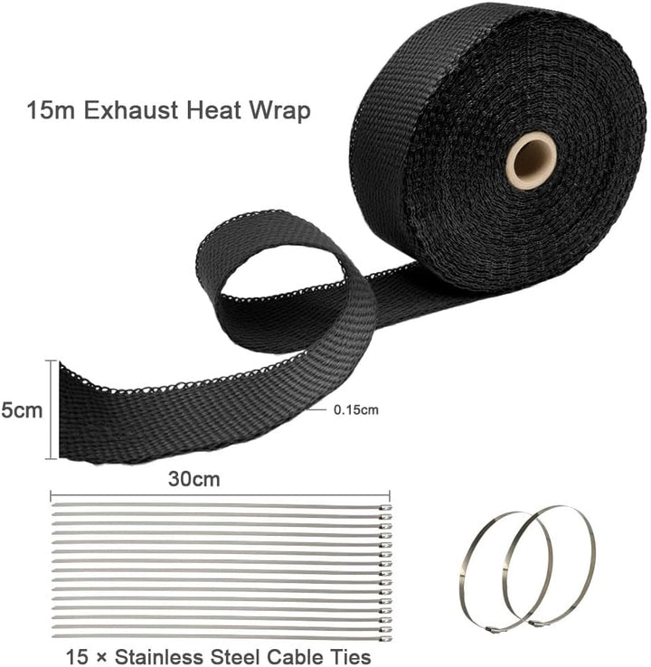 Hitzeschutzband Auspuff 15m x 5cm, Auspuffband Krümmerband mit 15pcs Edelstahl Kabelbinder, Isolierb
