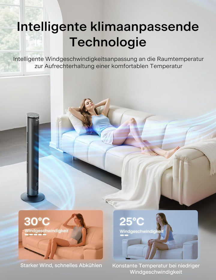 PELONIS Ventilator Turmventilator mit Fernbedienung, 42 Zoll turmventilator sehr leise mit 5 Geschwi